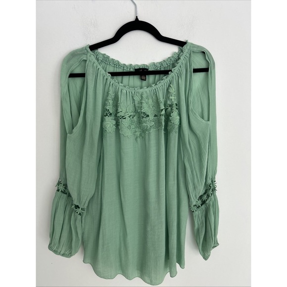 Melissa Paige Tops - Melissa Paige Large Sage Green Floral Lace Crochet Long Sleeve Boho Flowy Blouse
